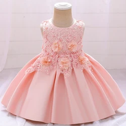 Baby Girl Flower Applique Party Dresses Toddler Baptism 1st Birthday Princess Dress Kids Clothes Wedding First Communion Vestido