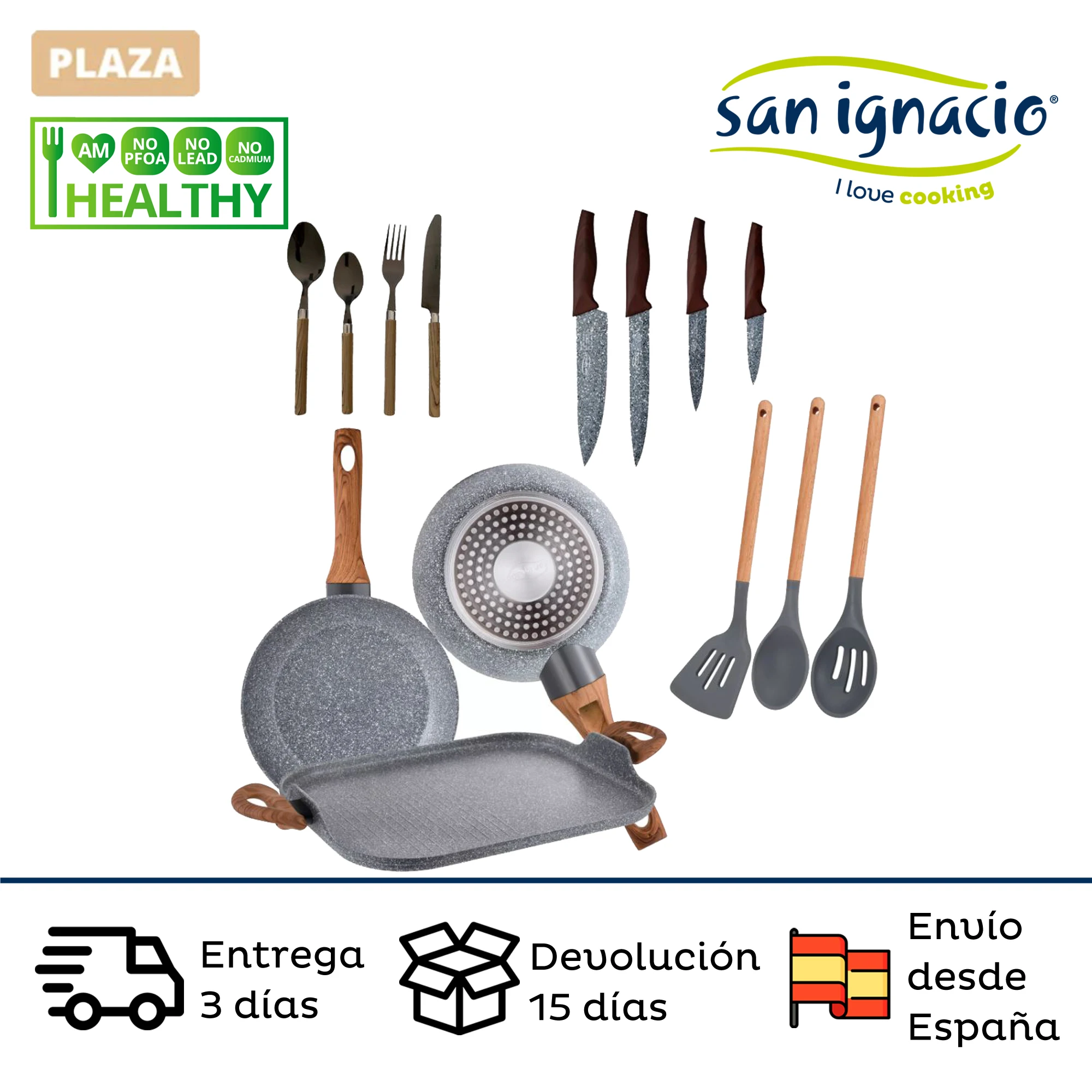 SAN IGNACIO Daimiel kitchen utensils set of non-stick pans and iron with knives and cutlery