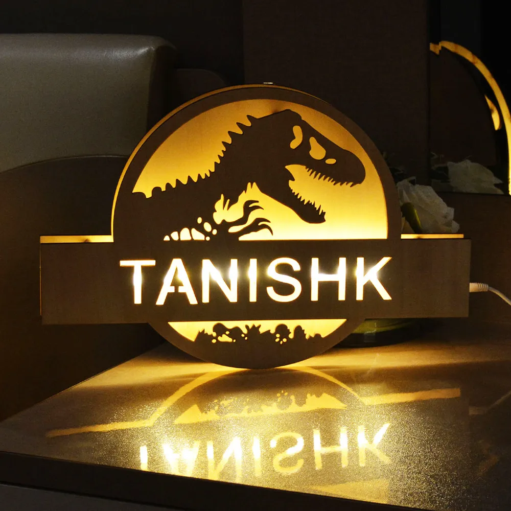 Custom Name Wall Decor LED Night Light Dinosaur Hollow For children Kids Baby Room Bedroom Personalized Wooden Lamp