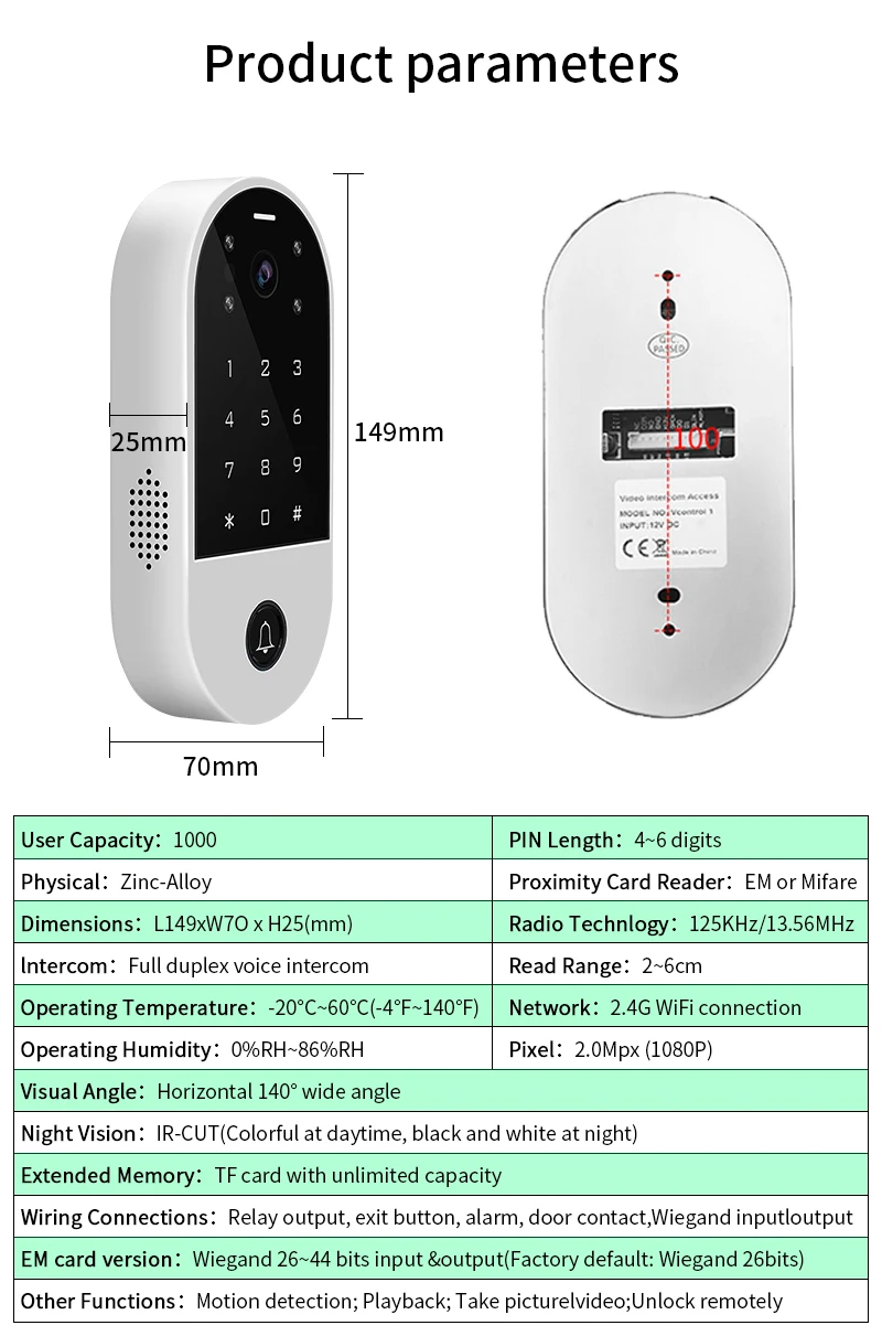 Imagem -06 - Sistema de Controle de Acesso de Intercomunicador de Vídeo Tuya Smartlife App Wifi Porta Câmera Intercomunicador para Porta de Casa Controle Remotamente 125khz Rfid