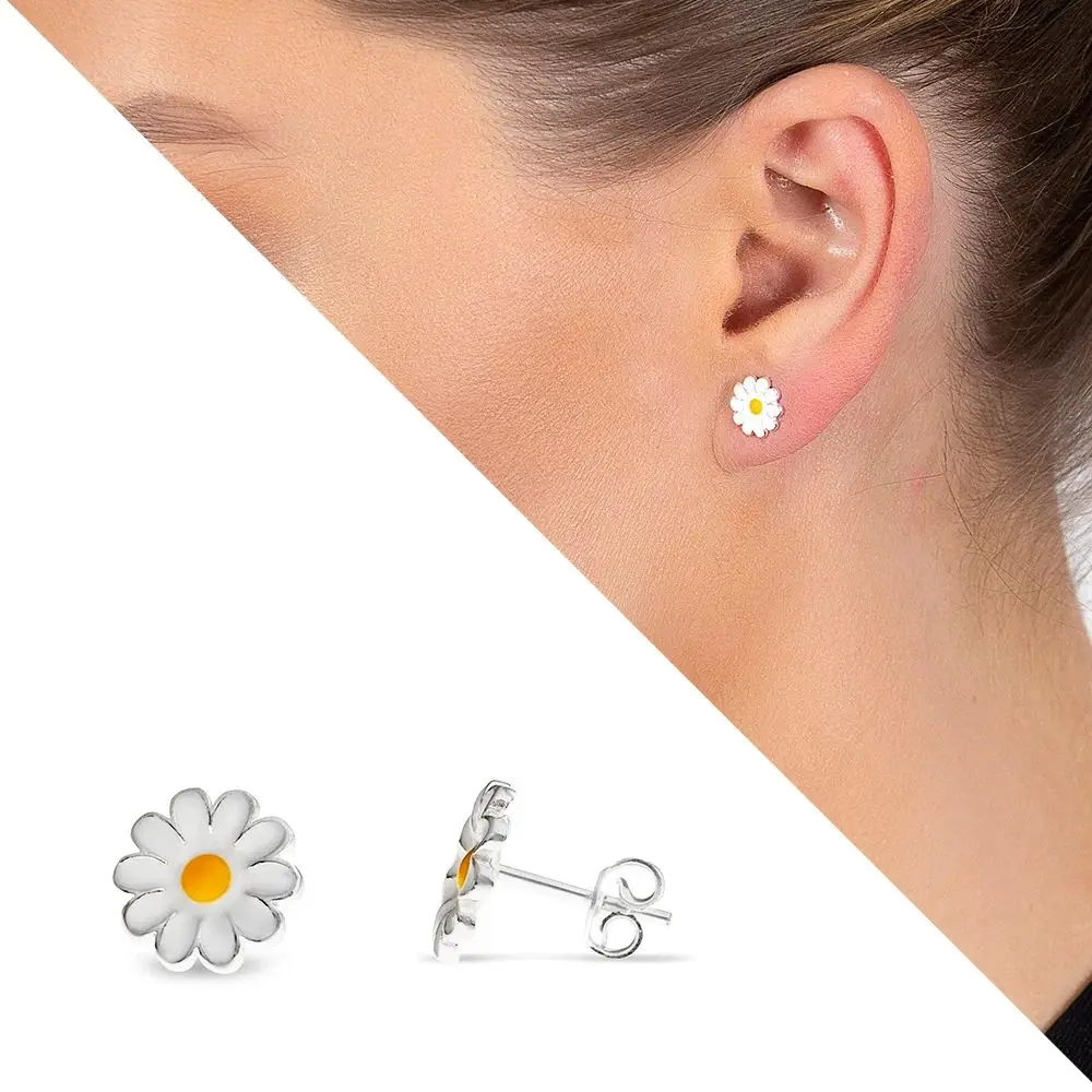 

Women's 925 sterling original silver earrings, white-yellow enamel daisy design, women gift jewelry, Made in Turkey handmade high quality