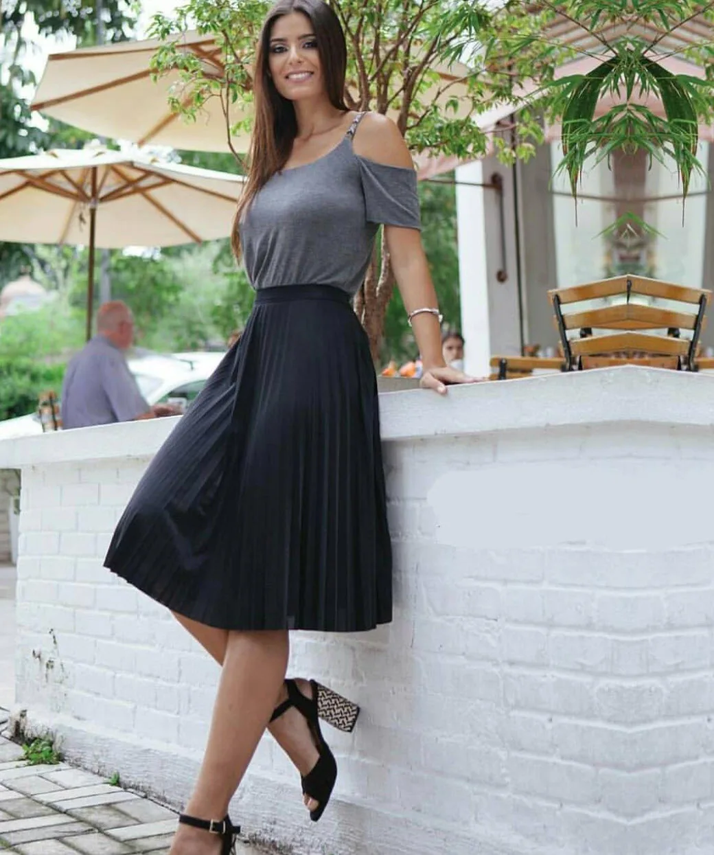 Knitted Pleated Midi Skirt Crepe Fashion Evangelica Women-with Lining-Helanca Light