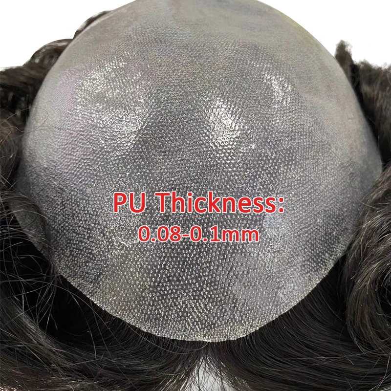 Ali Queen Sistem Penggantian Rambut PU Penuh Transparan Kulit Tipis 0.08-0.1Mm Wig Rambut Remy Manusia India untuk Pria Rambut Palsu Tahan Lama