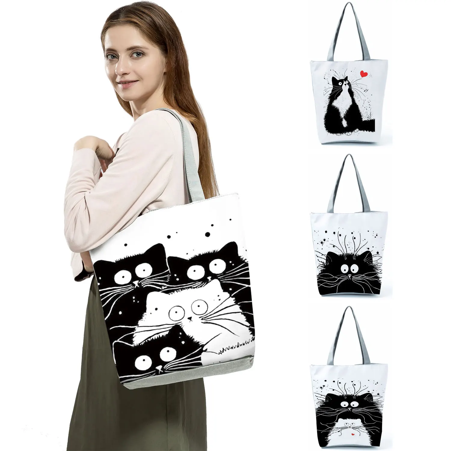 Customized Tote Shopping Bag Cute Cat Printing Women Handbag Totes with Print Casual Traveling Beach Bags Friendly Shoulder Bag