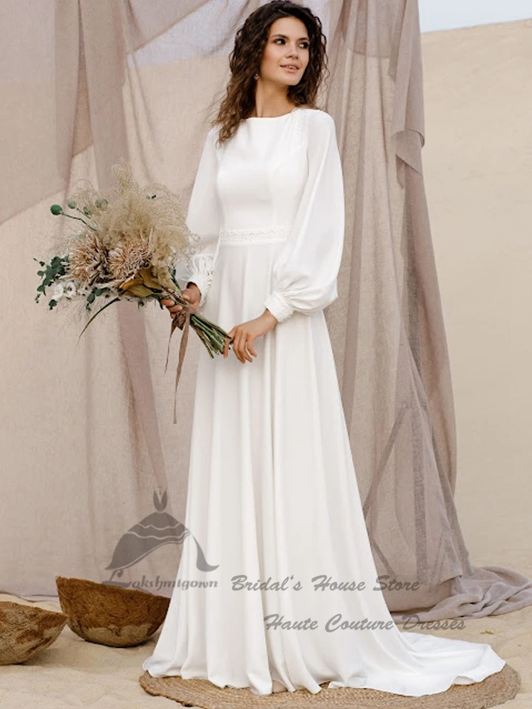 Muslim Robe Satin Long Sleeve Wedding Dress O-neck Elegant Bridal A Line Wedding Dresses Lace Appliques Vestido de Noiva 2022