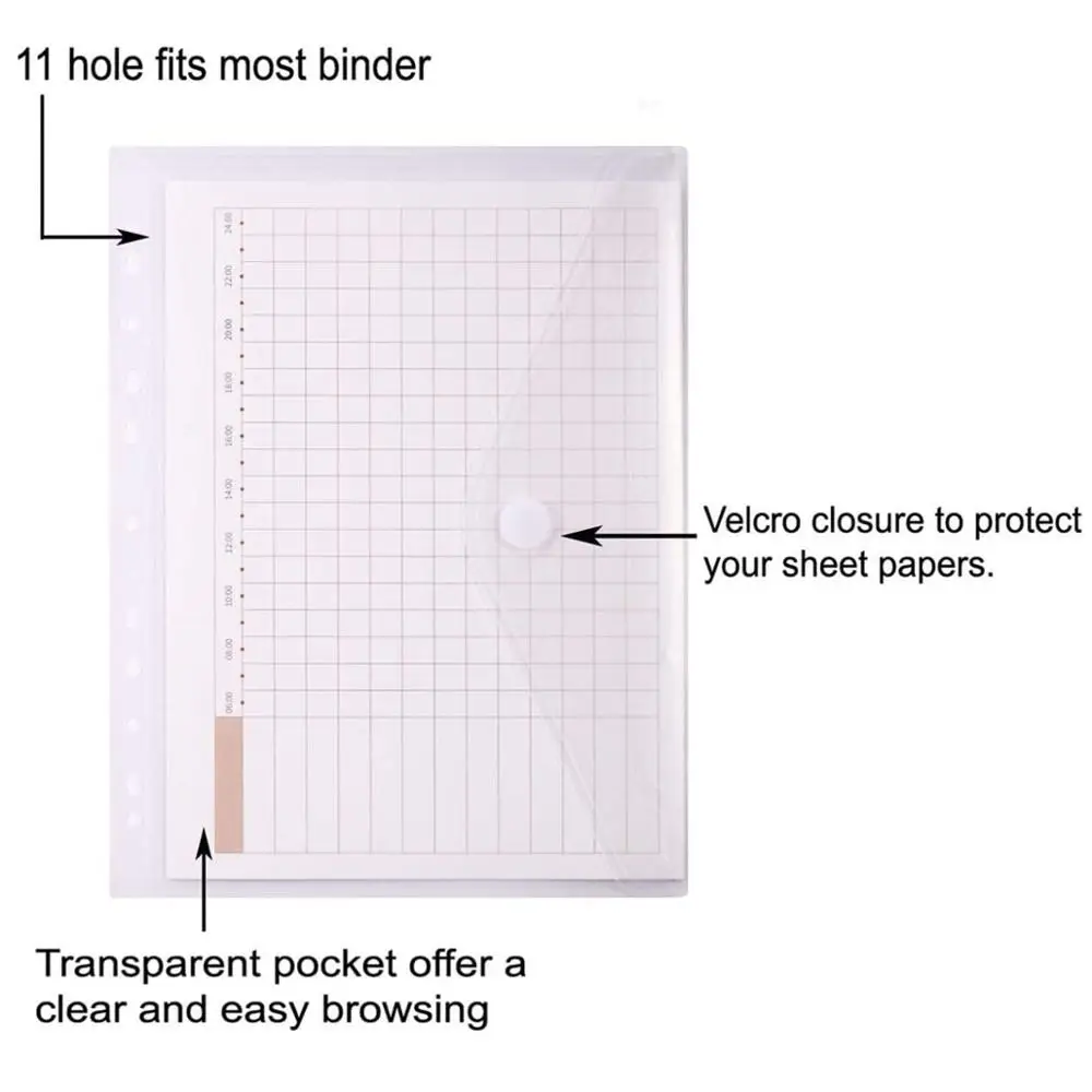 5PCS 11-Hole Clear Plastic Binder Pockets A4 Size, 8 1/2 x 11 Paper Document File Bags for 2 /3/4 Ring Binder,5 Packs