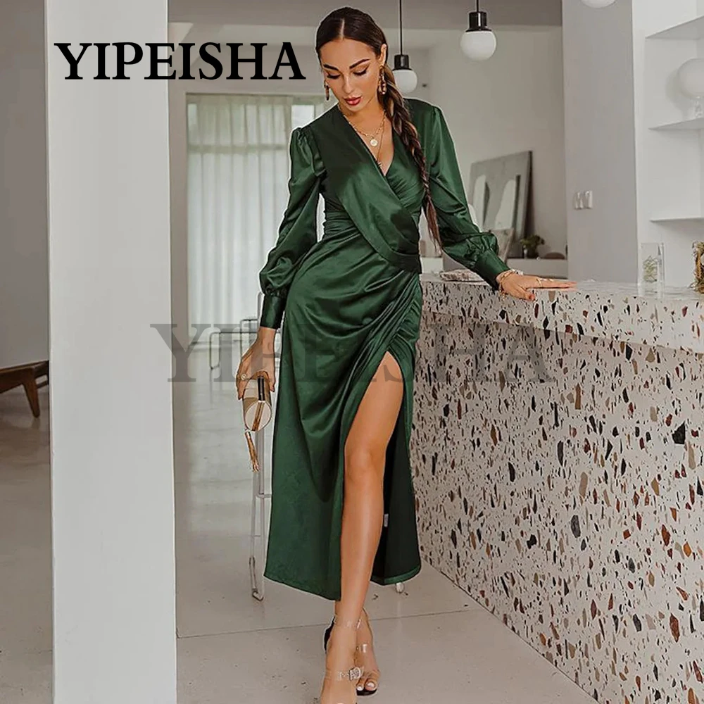 Simple V-Ncek Front High Split Evening Dresses Long Sleeve Satin Pleat Ankle-Length Prom Gown vestidos de fiesta robes de soirée