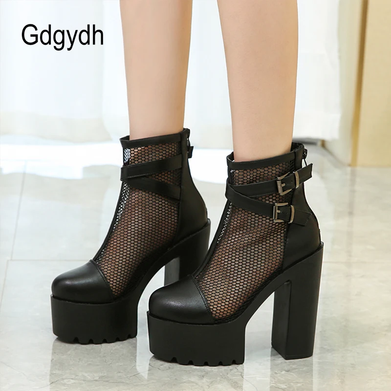 Gdgydh Air Mesh Women Ankle Boots Platform Square High Heels Breathable High Thick Bottom Summer Shoes Dress Round Toes White