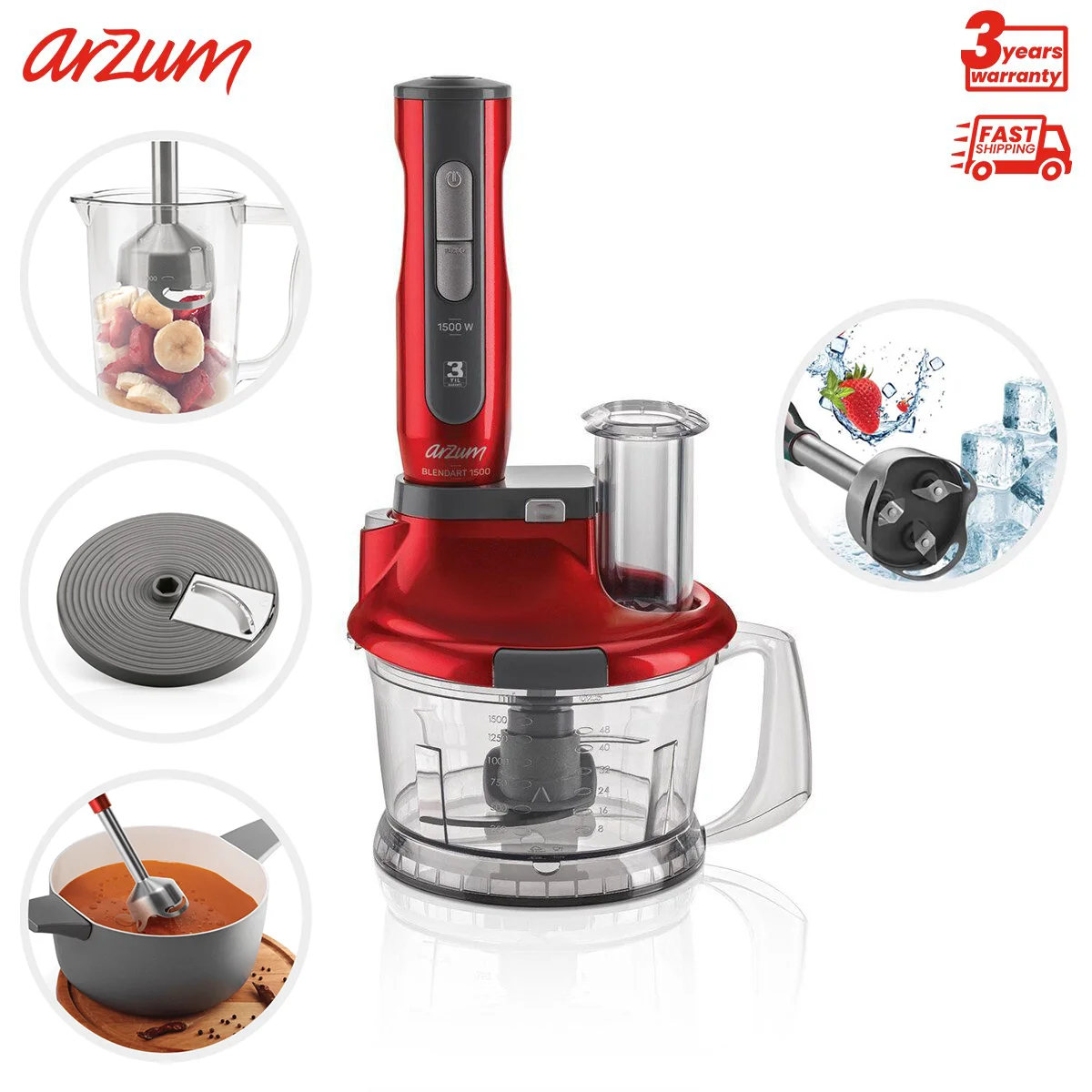 ARZUM Blendart 1500 Multi Blender Set Portable Electric Kitchen Blender Stainless Steel Blades Kitchen Appliances Food Processor