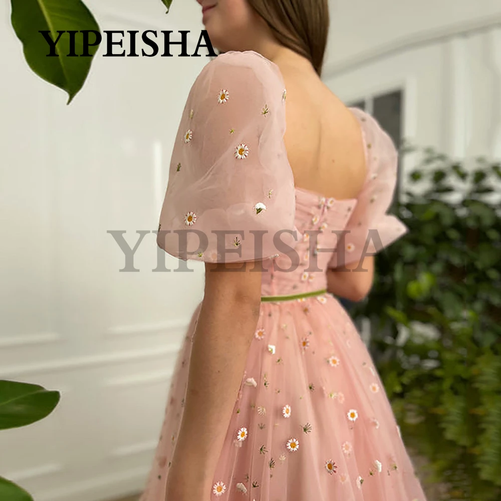 Sweetheart A-Line Pink Prom Dresses Backless Short Sleeve Daisy Flowers Ankle-Length Party Gown robes de soirée vestidos فساتين