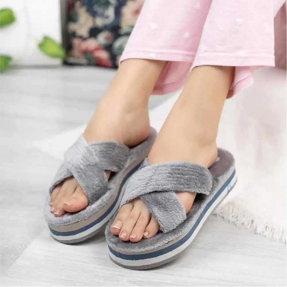 Hot fluffy slippers women casual Faux fur cross indoor floor slides flat soft furry shoes ladies female celebrities Flip