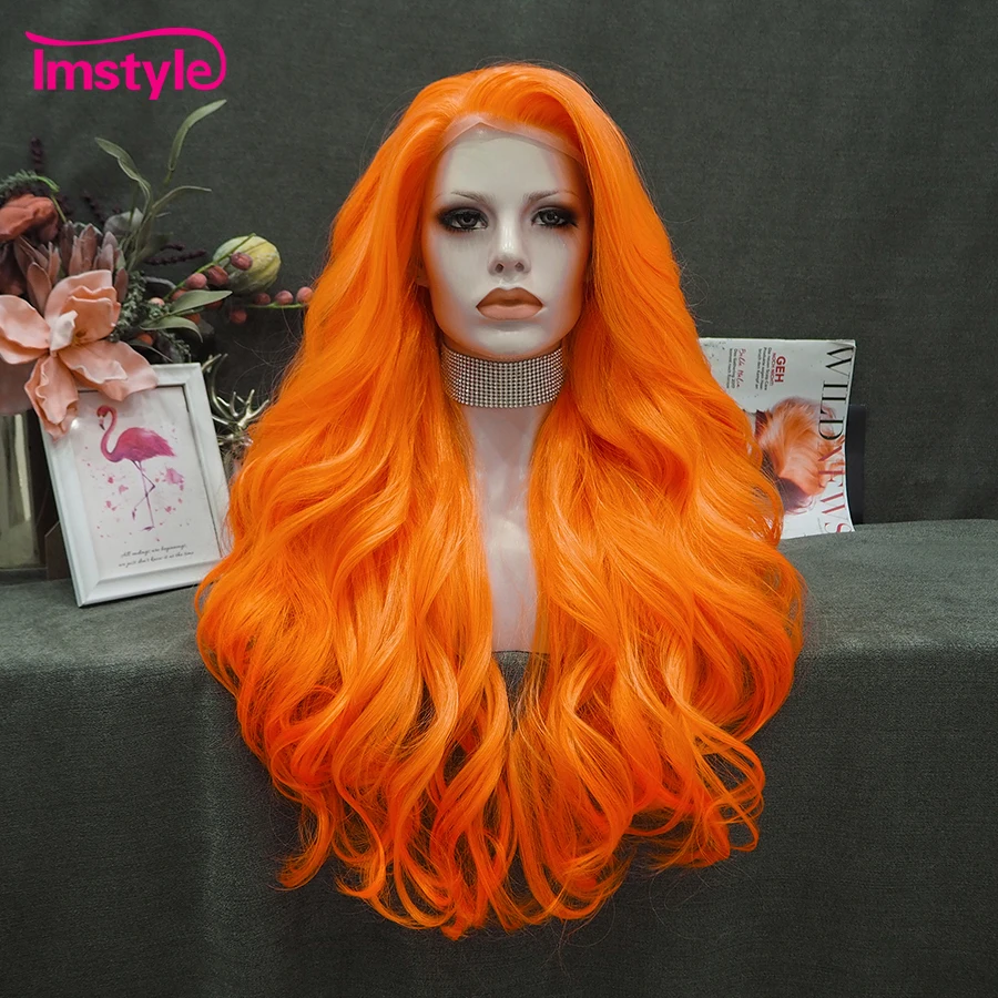 Imstyle Orange Wig Long Synthetic Lace Front Wig Natural Wavy Wigs for Women Lace Wig Heat Resistant Fiber Cosplay Wig