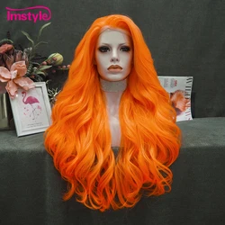 Imstyle-peluca larga de encaje frontal para mujer, cabellera sintética ondulada Natural, resistente al calor de fibra, color Naranja, para Cosplay