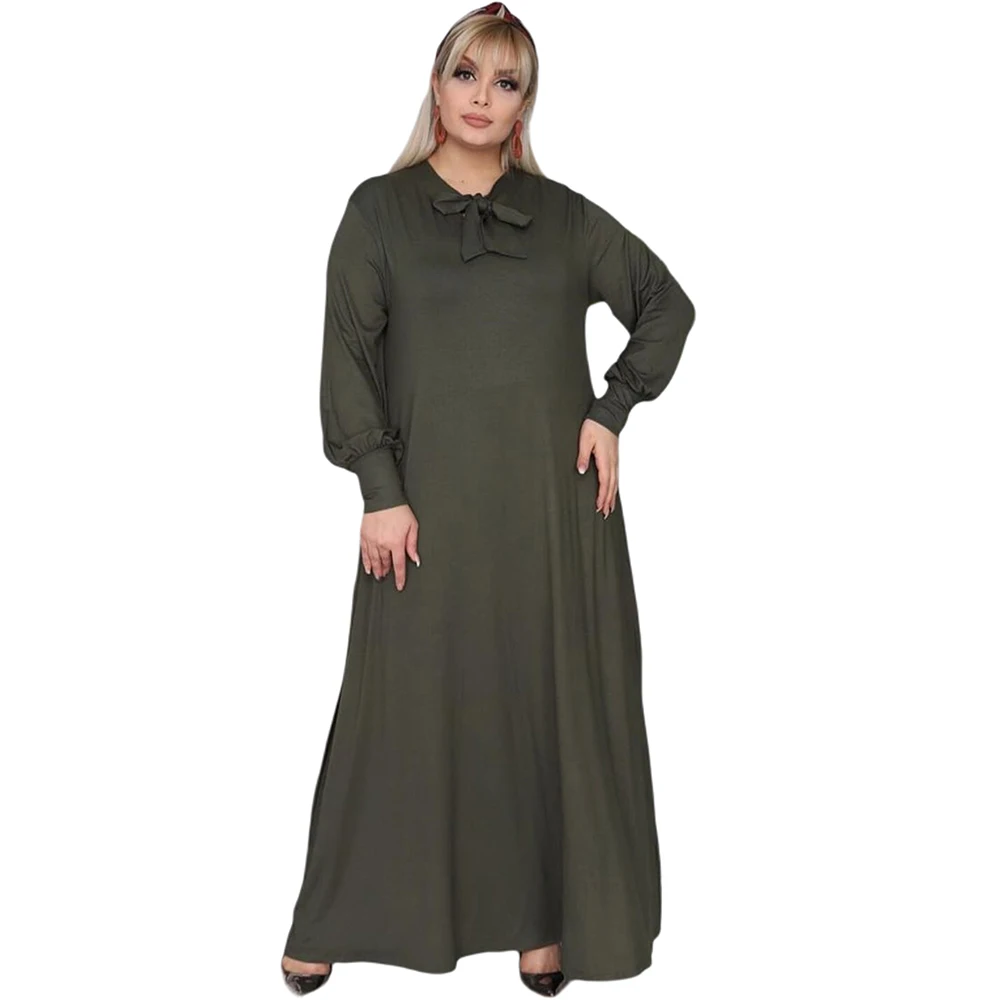 Hanezza Plus Size Women Fashion 2021 Summer Clothing Solid Tie Ankle-Lenght Long Sleeve Elegant Viscose Dress 2XL - 6XL Large Size Slash Neck Chic Tops 42 - 52 EU Casual Wear Female Khaki, Purple, Black, Navy Blue