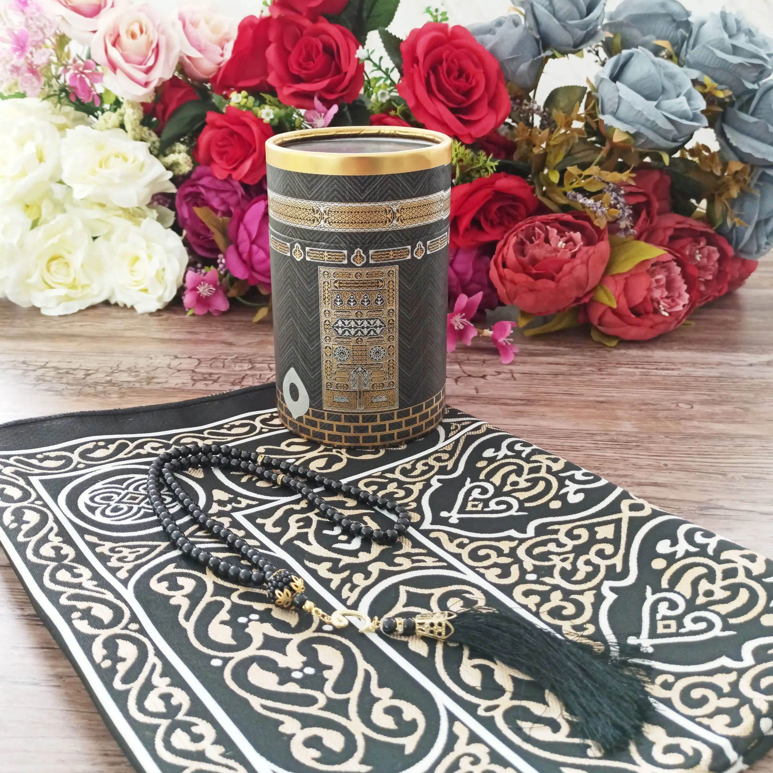 Muslim Prayer Rug Gift Taffeta Different Color Options Kaaba Box Set Prayer Beads Rosary Cylinder Box Islamic Lightweight Reis