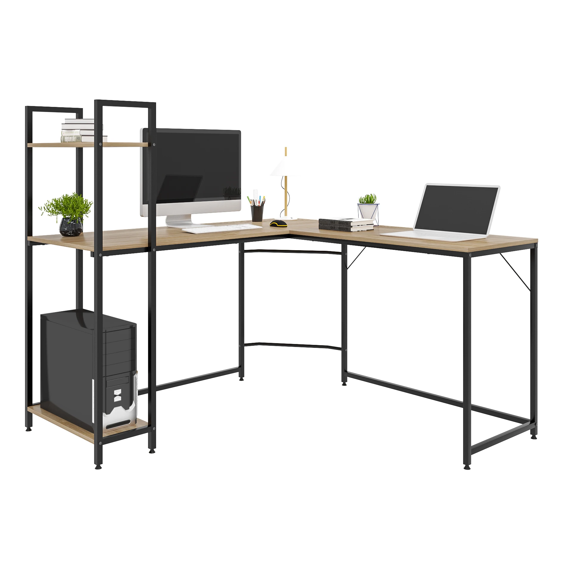 Office L-Shape Computer Desk Corner Angle Writing Desk with 4 Shelves Study Work Table for Office Home Furniture Workstation