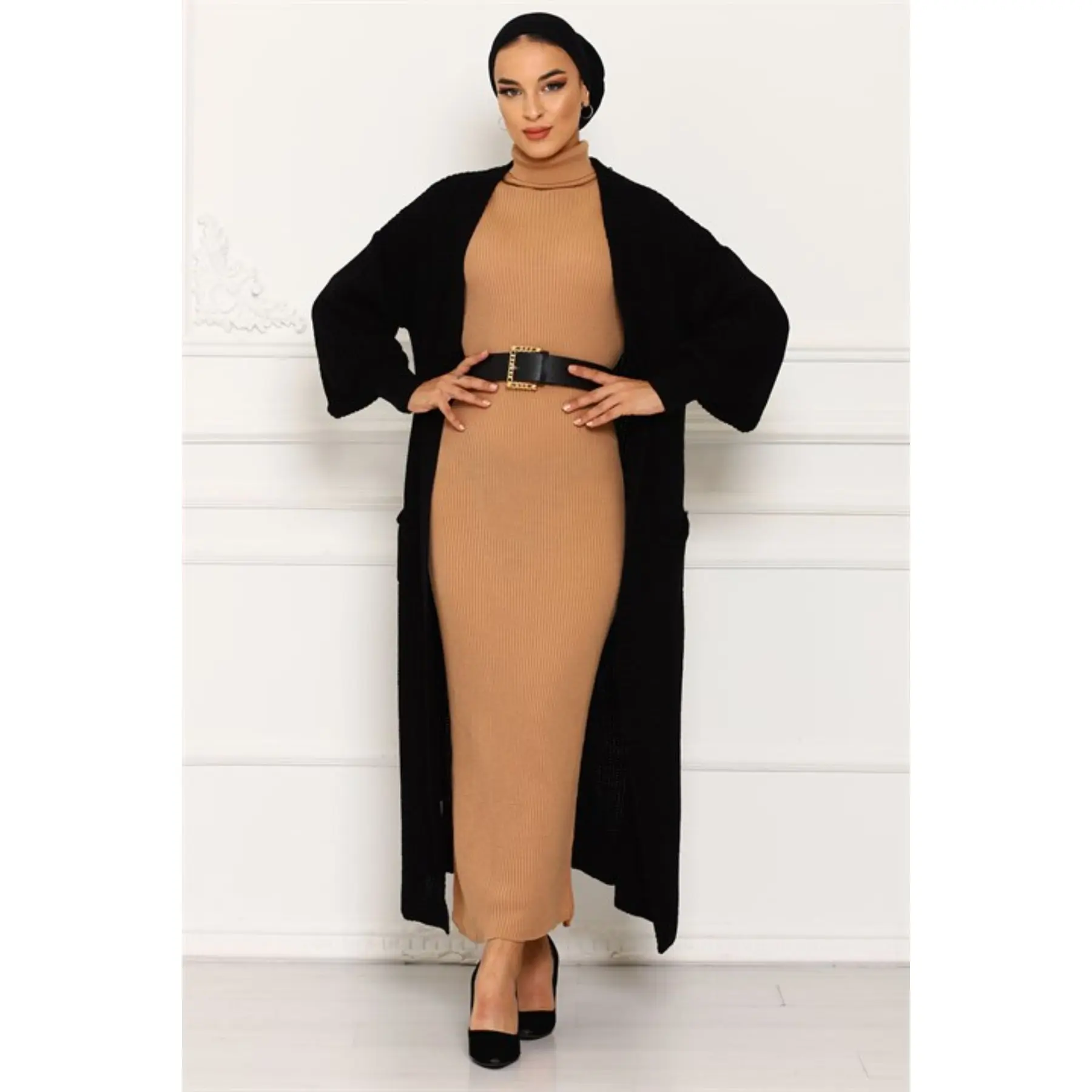 2 Piece Women's Set Embroidery Patterned Knitwear Maxi Turtleneck Dress and Pocket Detailed Maxi Cardigan Turkey Muslim Fashion