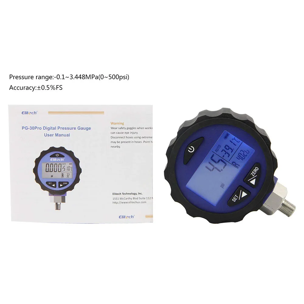 Elitech PG-30Pro ดิจิตอลเครื่องวัดความดันเครื่องทำความเย็น HVAC สำหรับ87 + สารทำความเย็นพร้อม Backlight -14.5-500 PSI 1/8 ''NPT