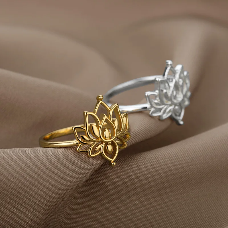 Lotus Flower Rings For Women Stainless Steel Sliver Color Finger Ring Vintage Wedding Ring Valentine\'s Day Jewelry Bague