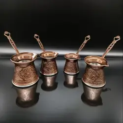 Turkish Pattern Copper Casting Coffee Pot Coffee Maker Handmade Set of 4 Traditional Design Decorative Gift Accessories Ottoman