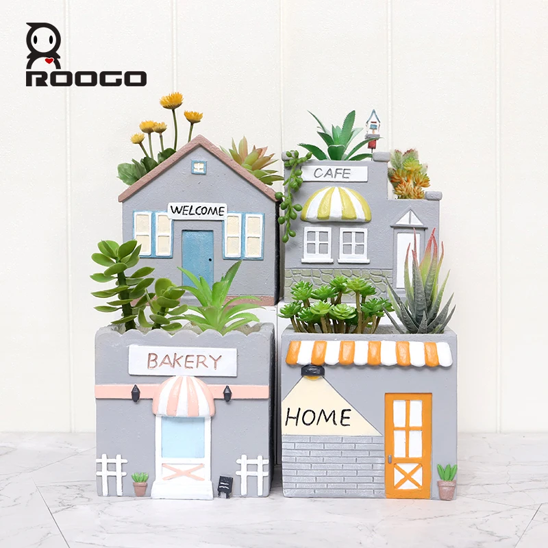 Roogo Mini Town Style Flower Pots Resin Bonsai Home and Garden Succulent Plant Pot Gardening Pots for Planting