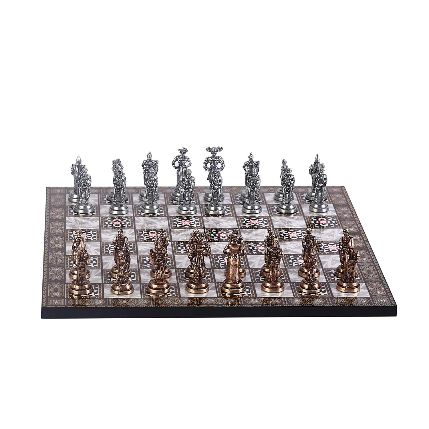 Historical Spanish Royal Guards Metal Chess Set,Handmade Pieces,Mother-of-Pearl Patterned Wood Chess Board King 7 cm