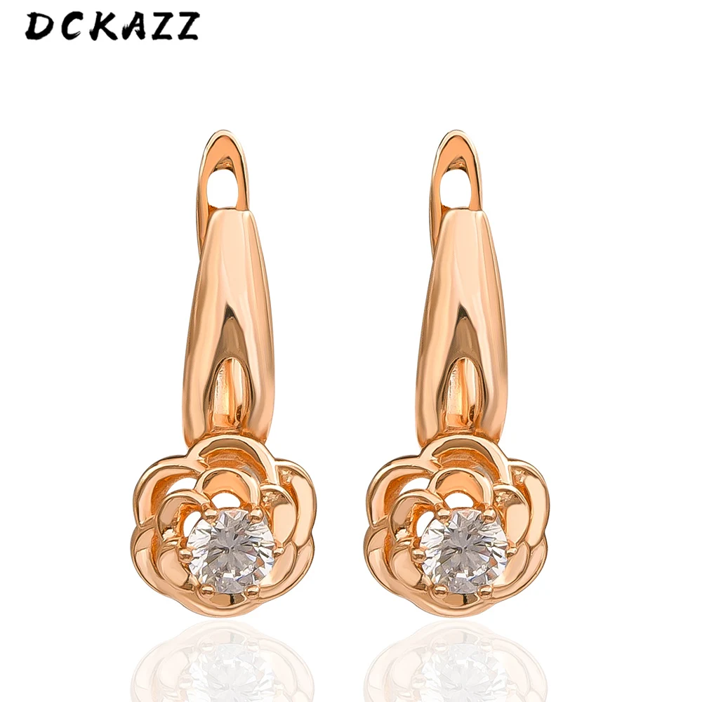 

Dckazz New Crystal Flower Stud Earrings Woman Engagement Wear Jewelry 585 Rose Gold Color Exquisite Zircon Charm Earring