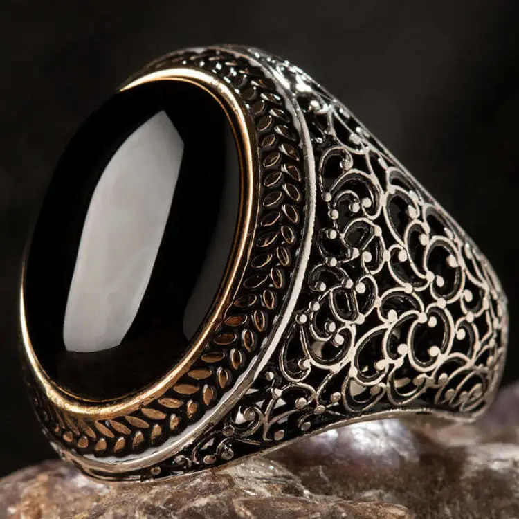 Oval Black Onyx Stone Symmetric Pattern Silver Men's Ring Fashion Turkish Premium Quality Handmade Jawelery