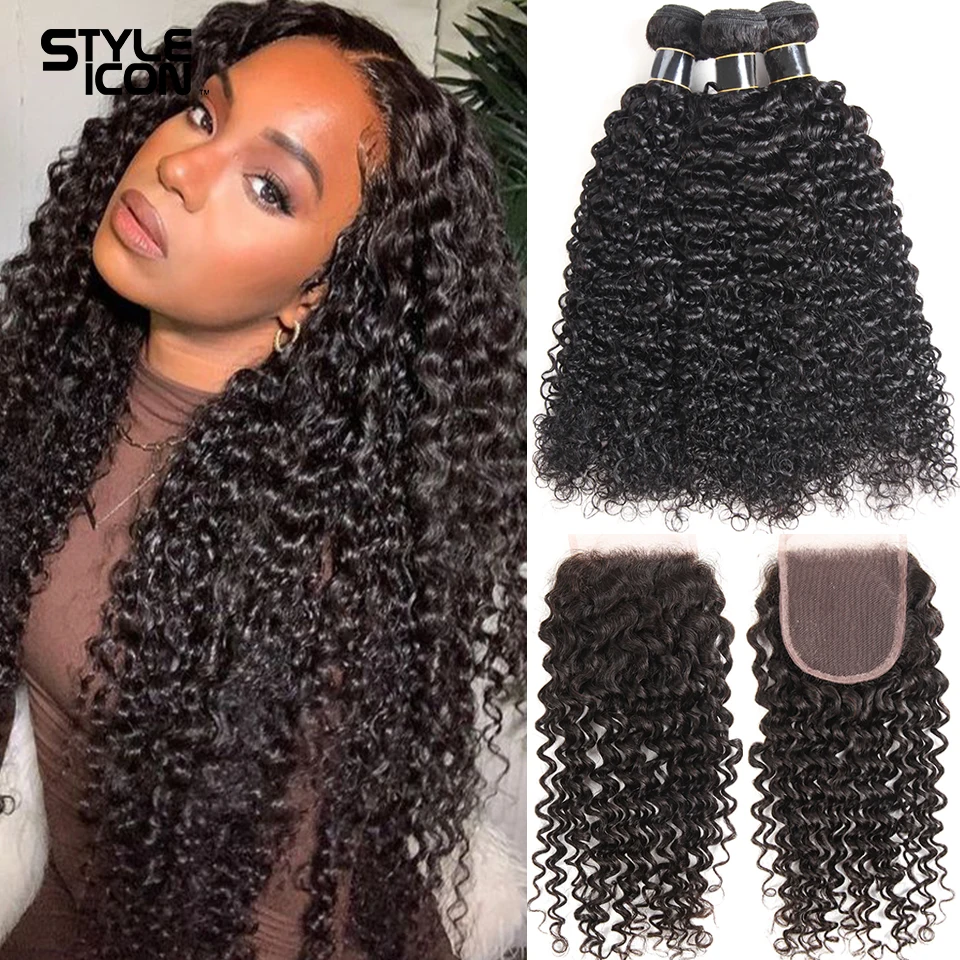 Mèches naturelles Remy bouclées avec Closure, cheveux crépus longs de 36 pouces, 3 lots, livraison gratuite