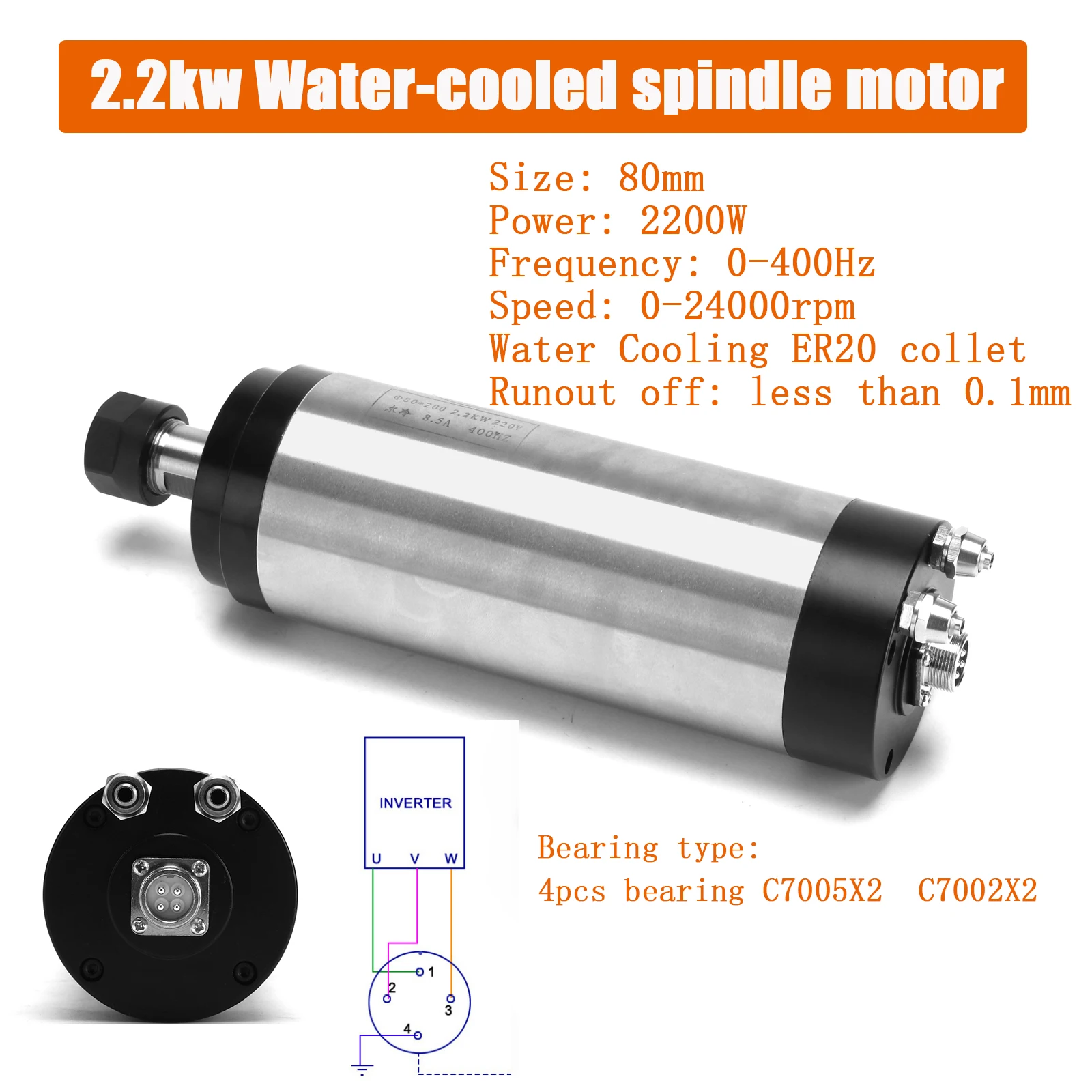 Imagem -02 - Refrigerado a Água do Eixo Cnc Motor Mais 2.2kw Vfd Mais 80 mm Braçadeira Mais 80w 3.5m Bomba de Água Mais 13 Peças Er20 Collet para Roteador Cnc 1. 5kw 2.2kw