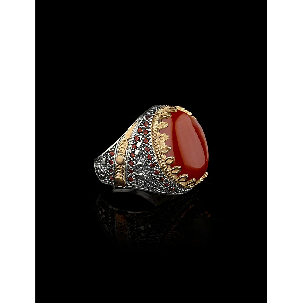 925 Sterling Silver Natural Agate Stone Men's Ring Turkish Style Rings