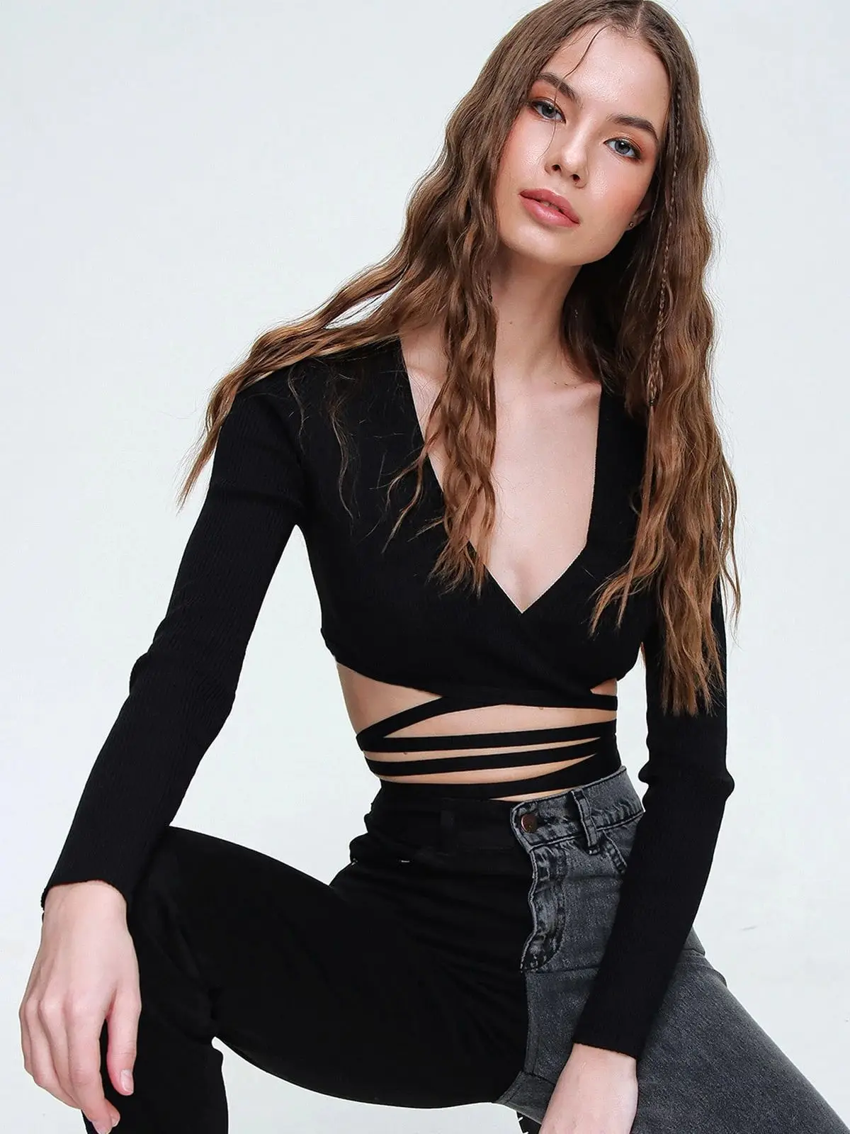 Women's Black Double Breasted Collar Gusset Crop Top Blouse