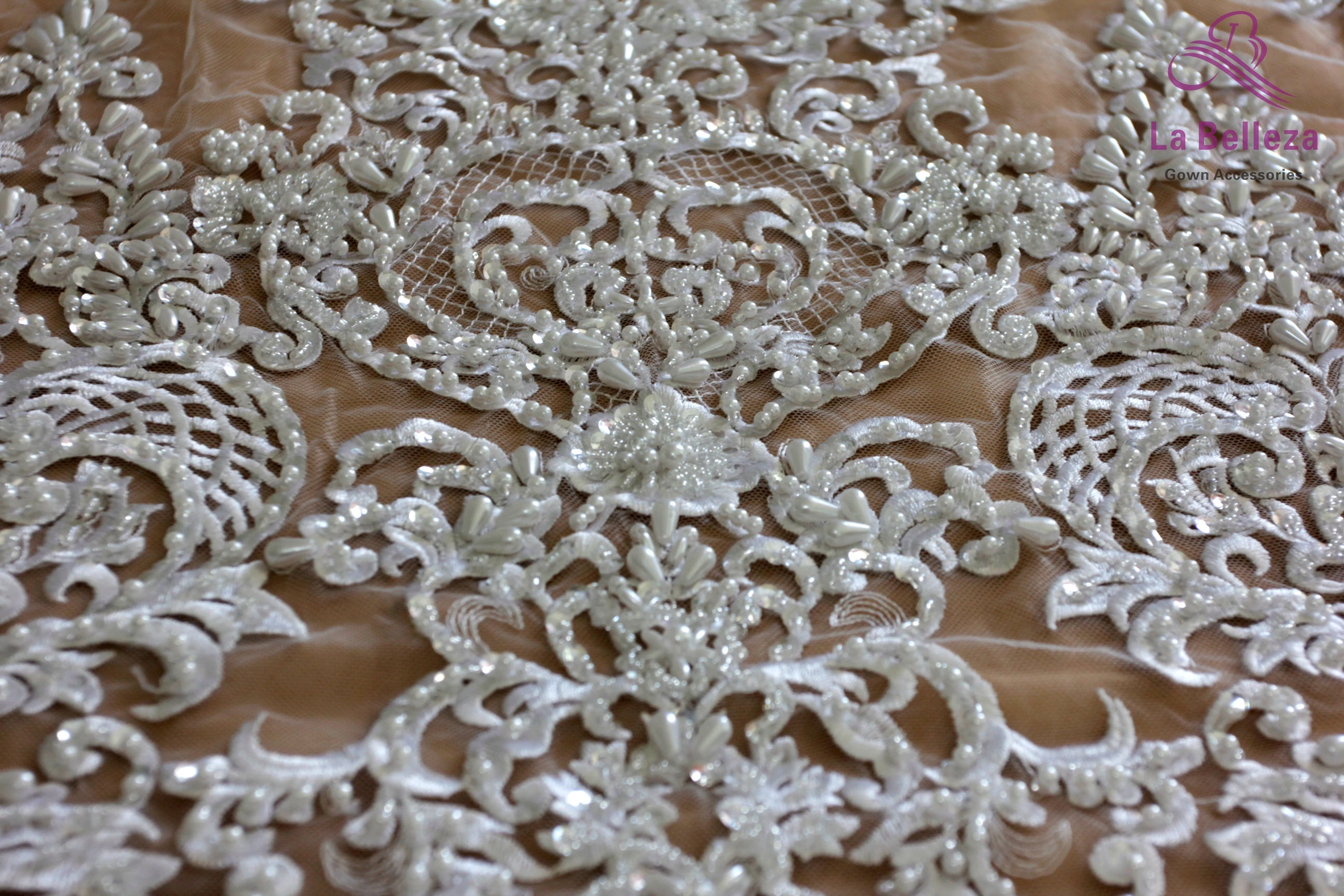 La Belleza new 75cm width Pure white Bilateral Beaded sequins lace trim gorgeous lace trim for bridal accessories 1 yard