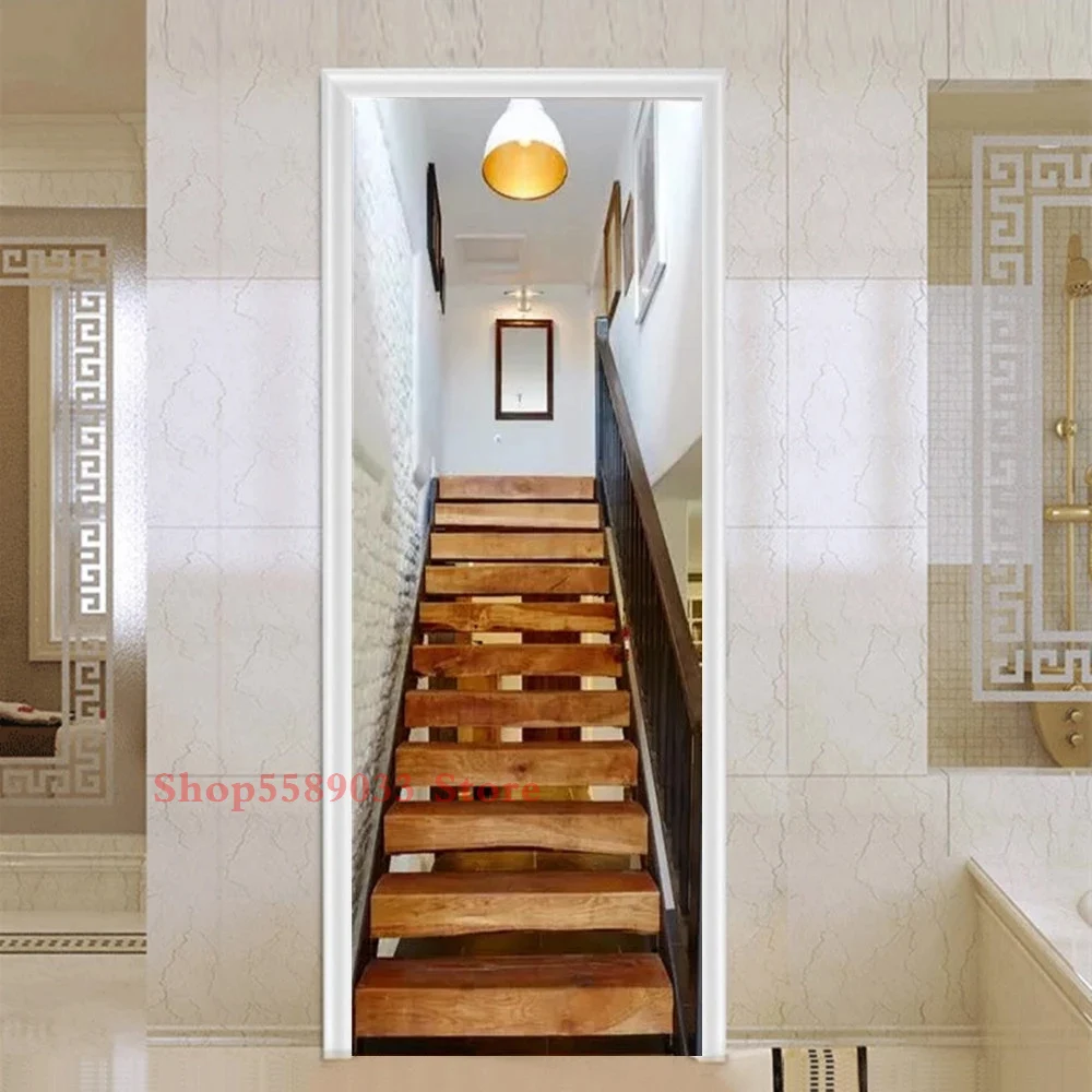 Modern Luxury Stair White Flower Door Sticker Europe Wooden Door Contact Wallpaper Entrance Corridor Bedroom Wall Decor Adhesive