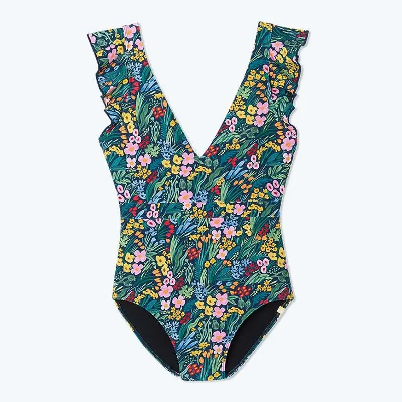 Maillot de bain une pièce imprimé floral vintage pour femmes, maillots de bain à volants, col en V, dos nu, brésilien, maillots de bain trempés, bikini de plage, été, 2023