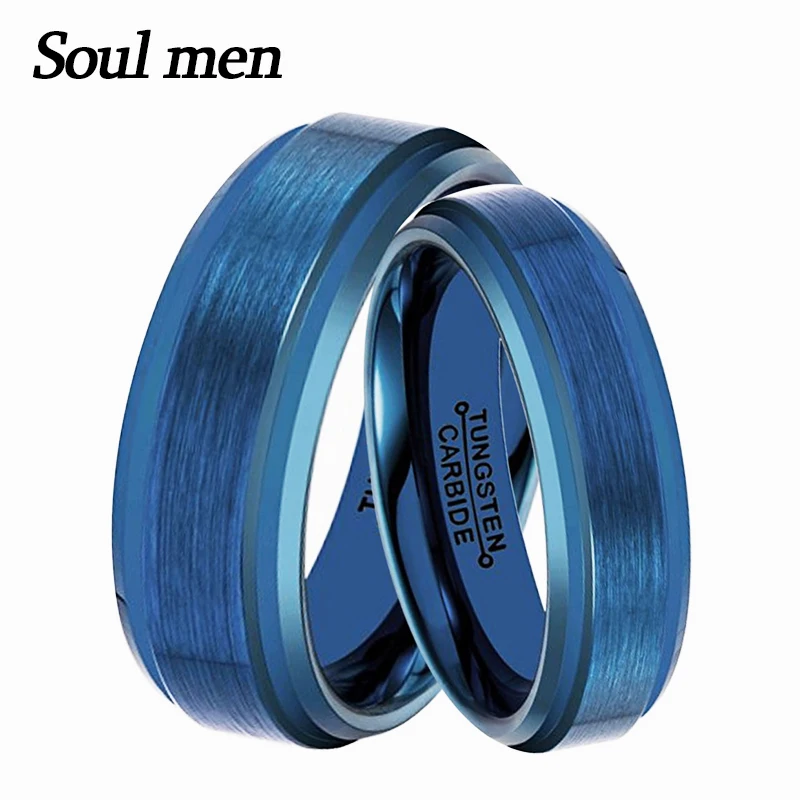 

Soul Men 1 Pair 8mm & 6mm His & Hers Promised Marriage Ring Set Comfort fit Mens Womens Blue Tungsten Carbide Weddng Band