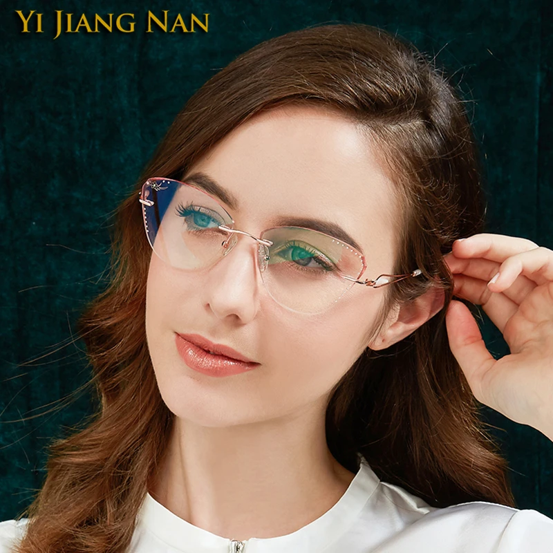 Titanium Cat Eye Diamond Cutting Engraved Flower Rhinestones Rimless Optical Glasses Frame Women Eyeglasses Prescription Eyewear