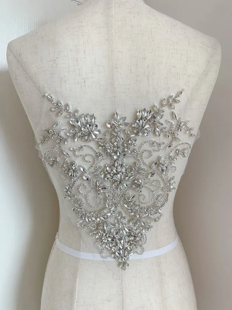 

Large Rhinestone Bead Applique Boidce, Heavy Bead Handmade Rhinestone Applique