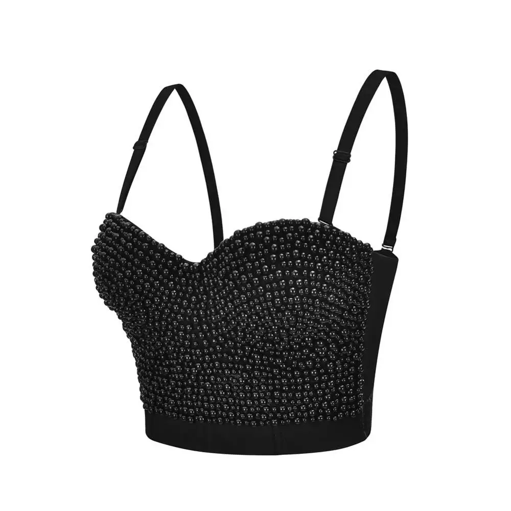 Black Plus Size Women Everyday Bra With Beading Decoration Push Up Sexy Bras Stage Wear Night Club Crop Bras Tops For Ladies