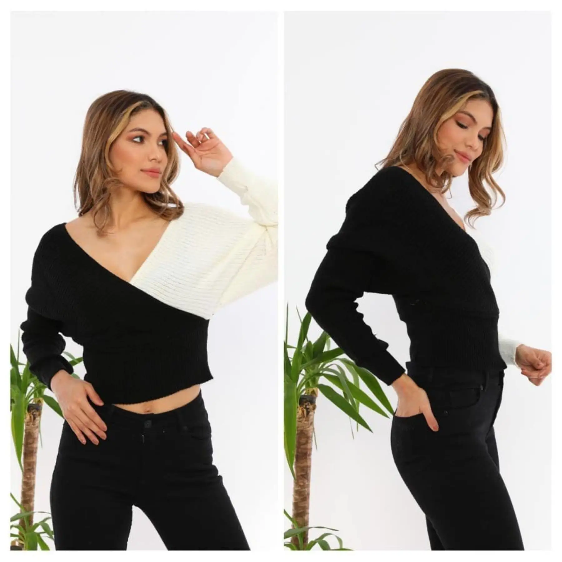 Dual Color Women's Sweater Two Colored Sweater Comfortable Deep V Collar Knitted One Size Big Size Pullover Turkey 2021 Fashion