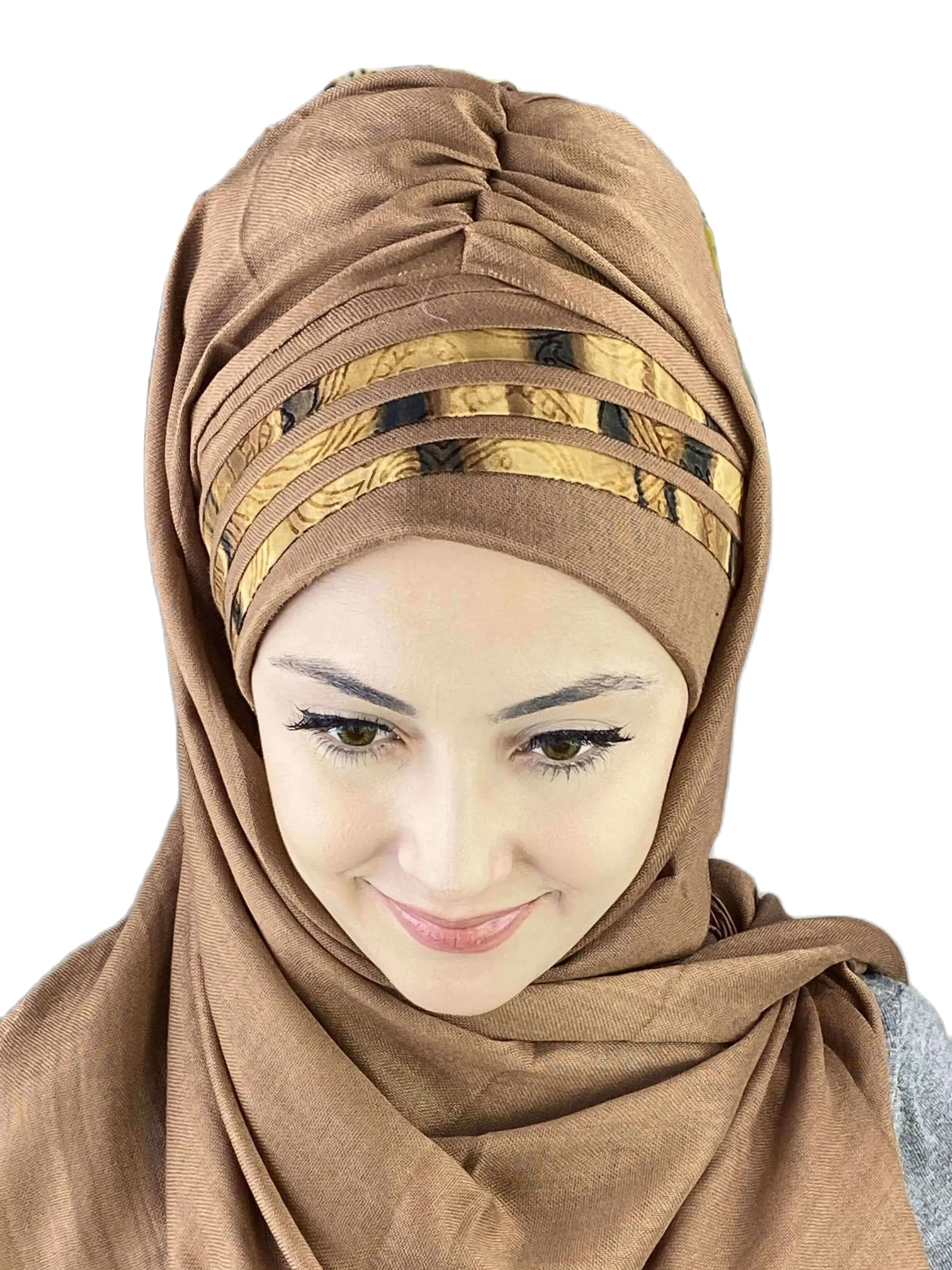 2022 Hijab New Fashion Scarf Women\'s Products Hat Islamic Bonnet Muslim Light Brown Color Asymmetrical Striped Draped Shawl