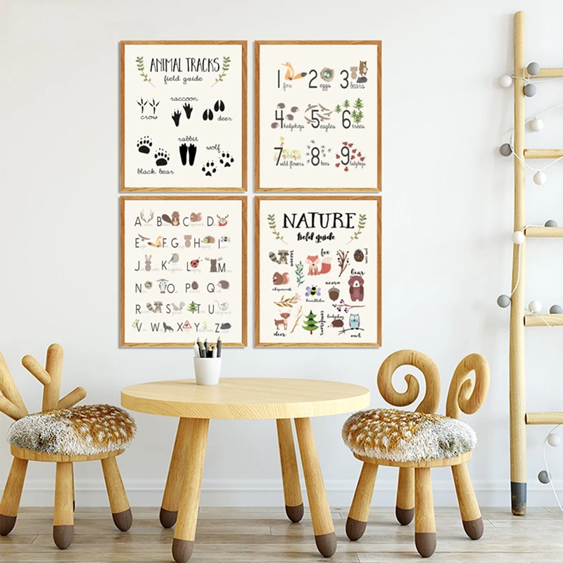 Woodland Alphabet Numbers Poster Animal Track Canvas Print Nursery Nature Educational Painting Preschool Kindergarten Wall Decor