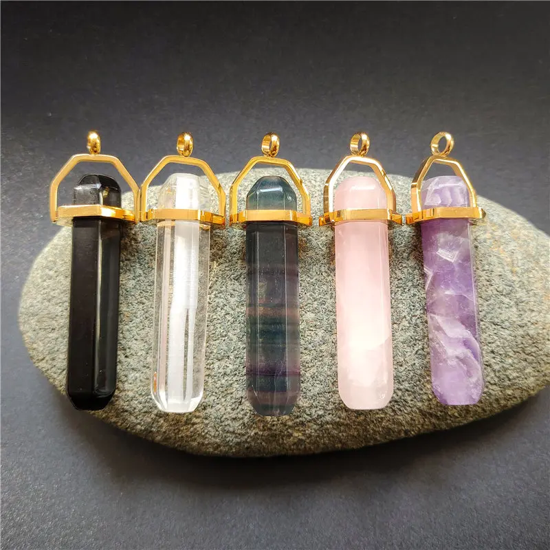 

FUWO Colorful Natural Crystal Quartzs Point Pendant,Gold Color Plated High Quality Spike Shape Raw Stone Stick Jewelry PD396