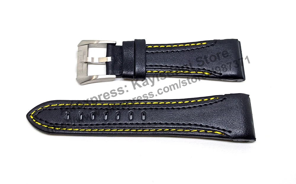 26mm Black Genuine Leather Yellow Stitched Watch Band Strap Compatible For Seiko Velatura 7T84-0AD0 - SPC049P1 SPC049P9