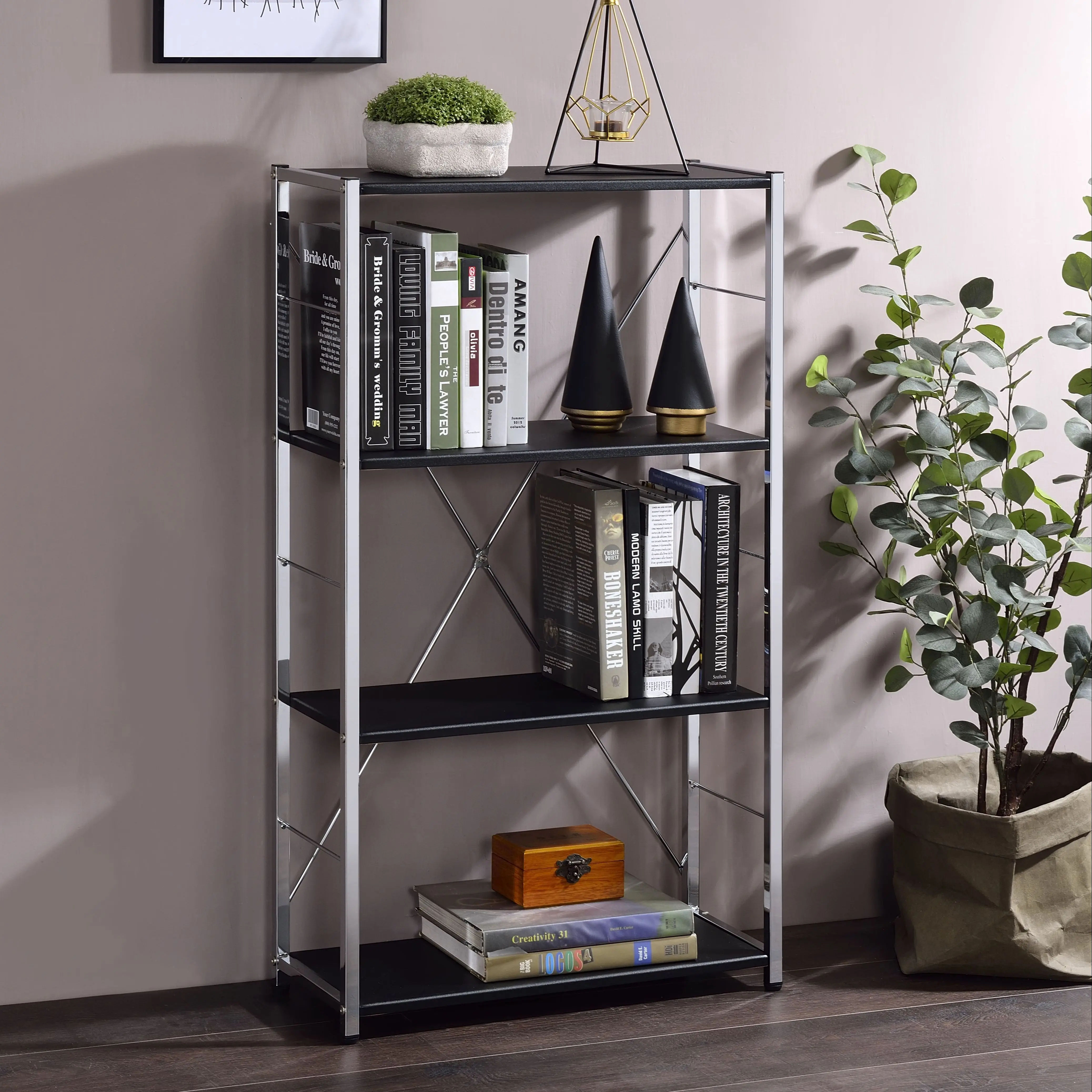 Tennos Bookshelf Black/White&Chrome Finish 24