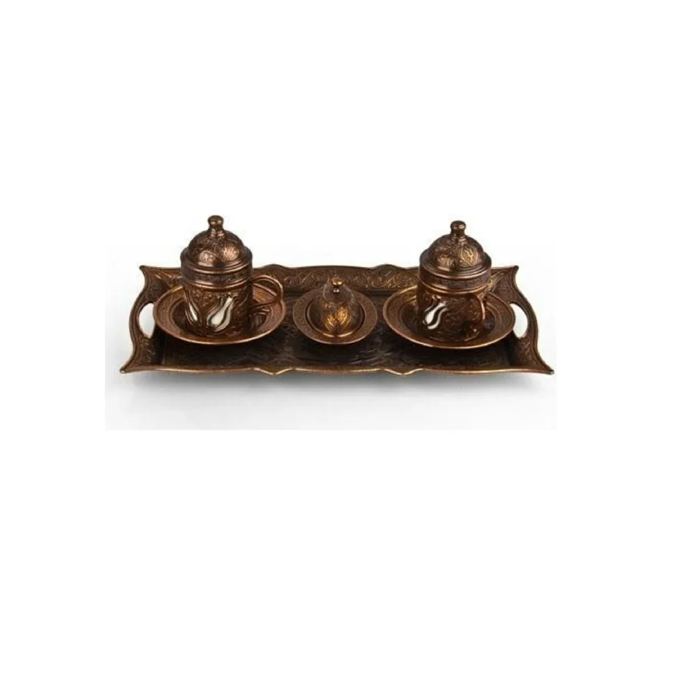 Ottoman Motif 2'li Copper Turkish coffee Set Coffee Cup Sets Retro Vintage Cup Tea Tray Delight Metal Porcelain