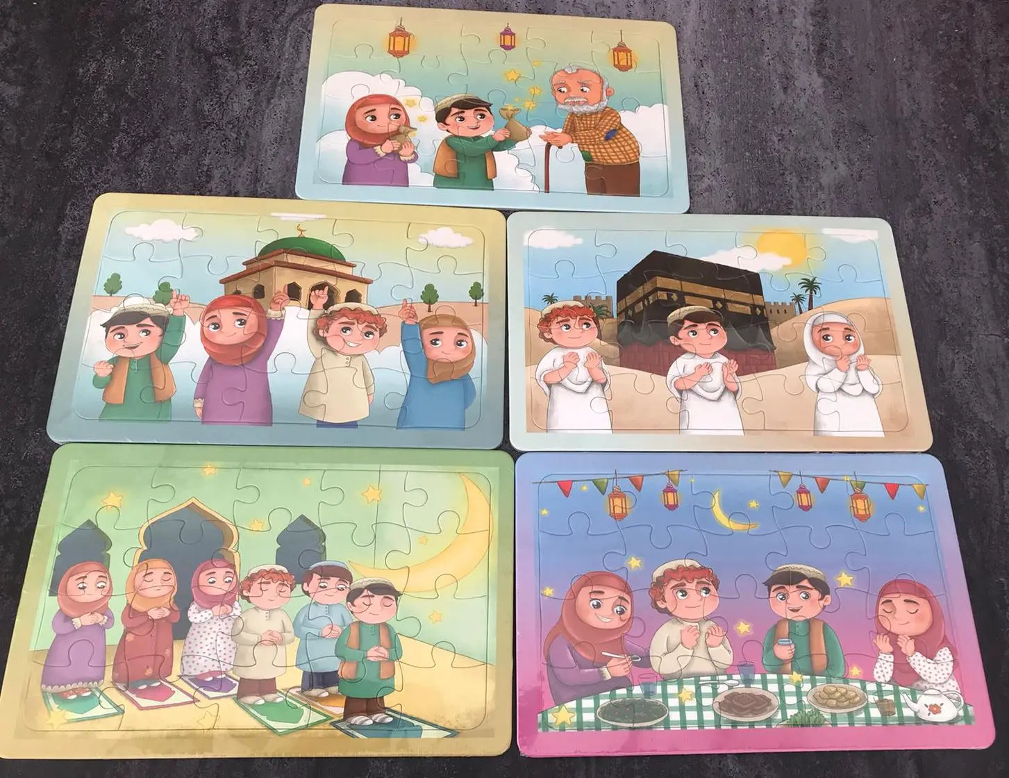 Islamic Puzzle Muslim Kids Toys Set of 5 Pieces Children Fun Game to Islam Help Learning Eid Gifts Ramadan Decor Party Favors