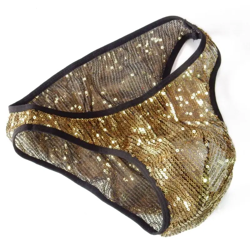 G3789 Mens Sexy Bikini sparkle Sequins Bulge Low Rise C-thru Mesh Shiny gold