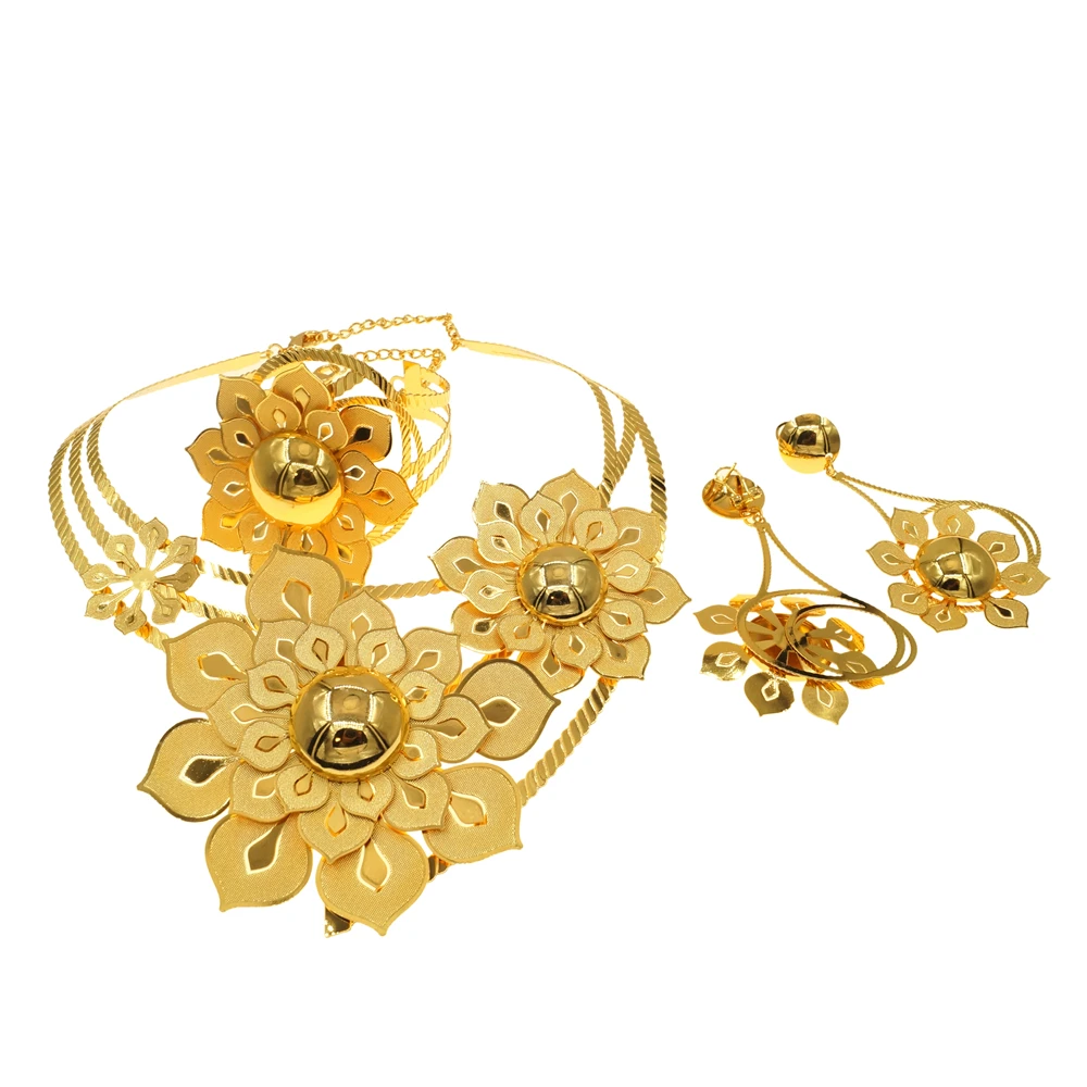 Fashion Plated 24K Gold Colour Jewelry Set Ladies Flower Large Necklace Bracelet Wedding Party Gift Accessories NH00030