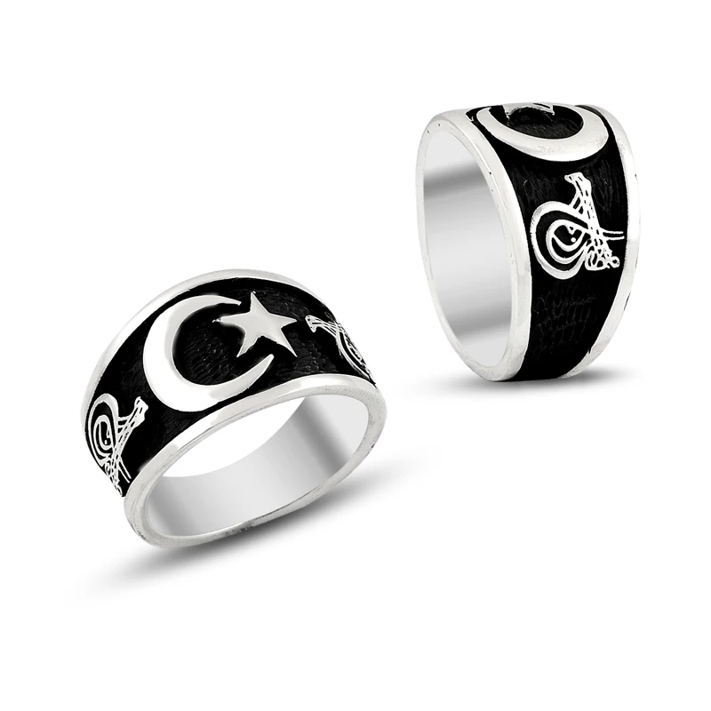 925 Silver Embossed Moon Star Turkish Rings for Men